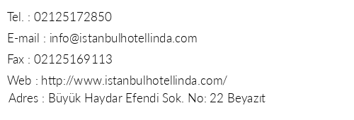 Hotel Linda stanbul telefon numaralar, faks, e-mail, posta adresi ve iletiim bilgileri